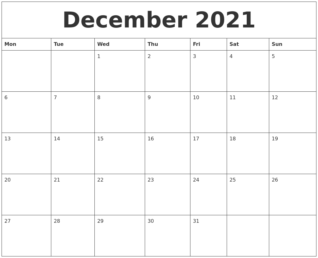 December 2021 Calendar Monthly