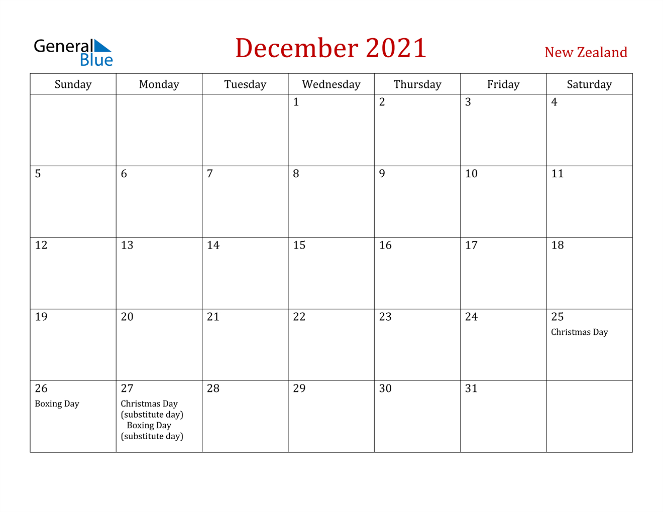 December 2021 Calendar - New Zealand