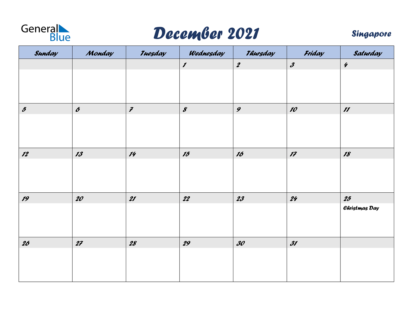 December 2021 Calendar - Singapore