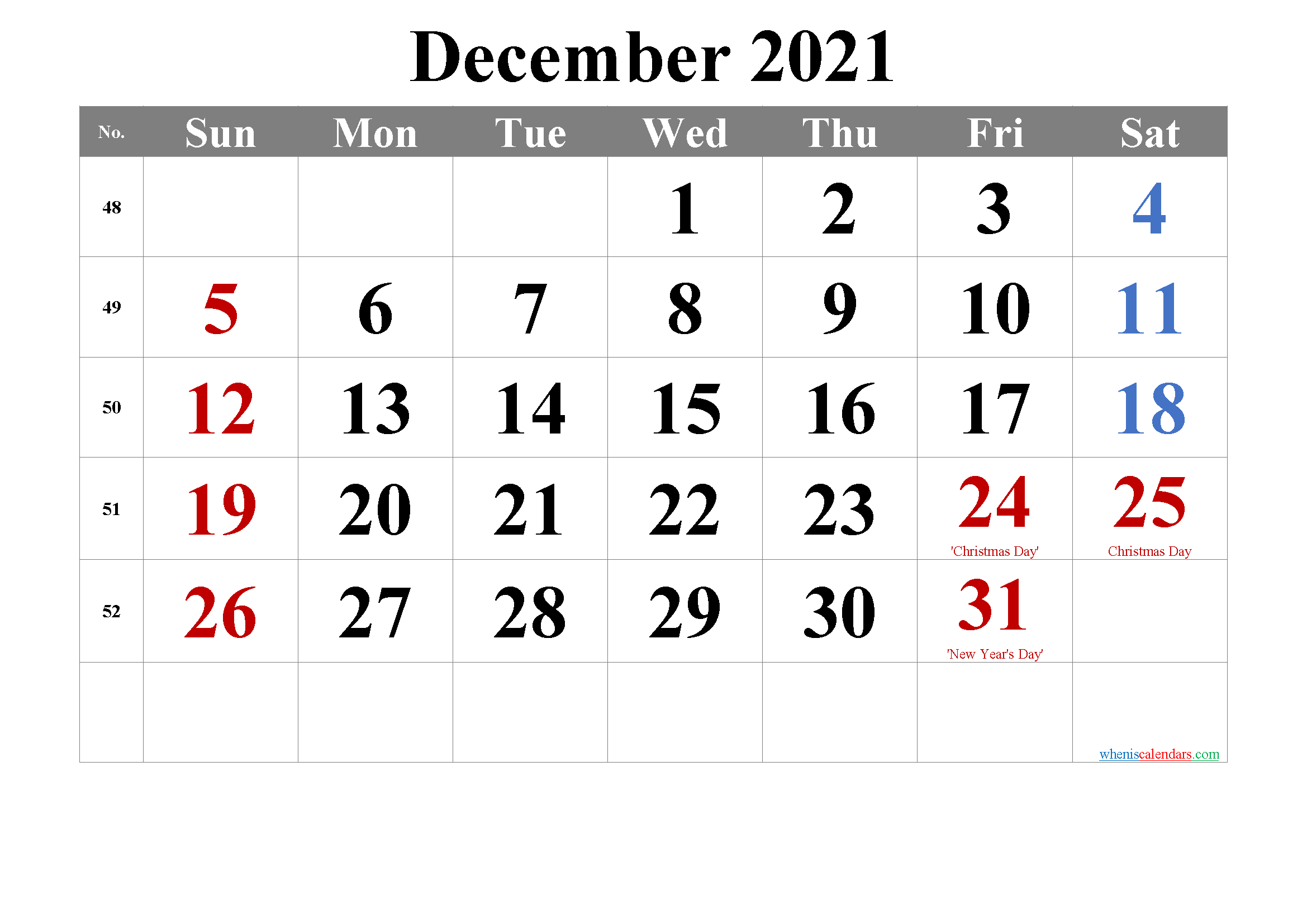 December 2021 Calendar With Holidays Printable-Template No