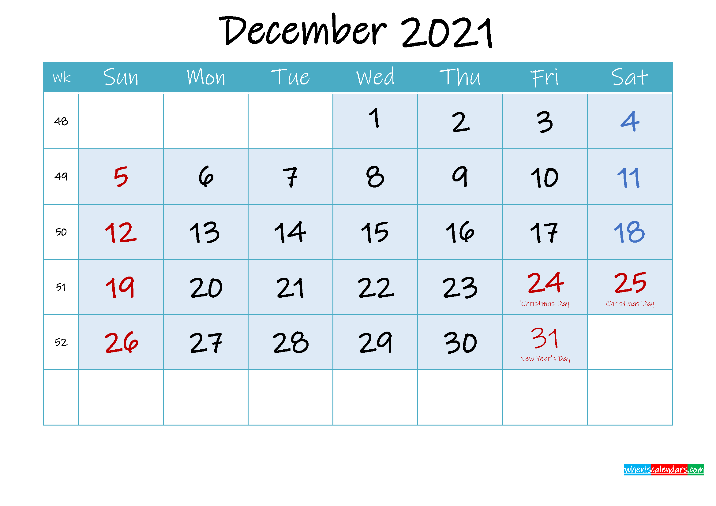 December 2021 Free Printable Calendar With Holidays