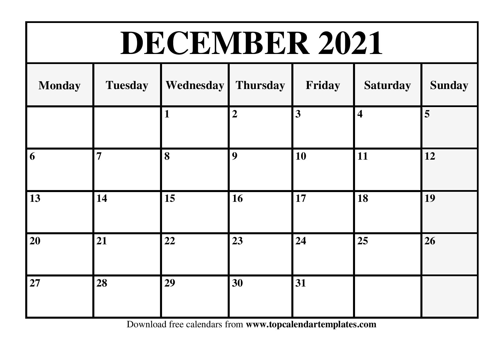December 2021 Printable Calendar - Monthly Templates