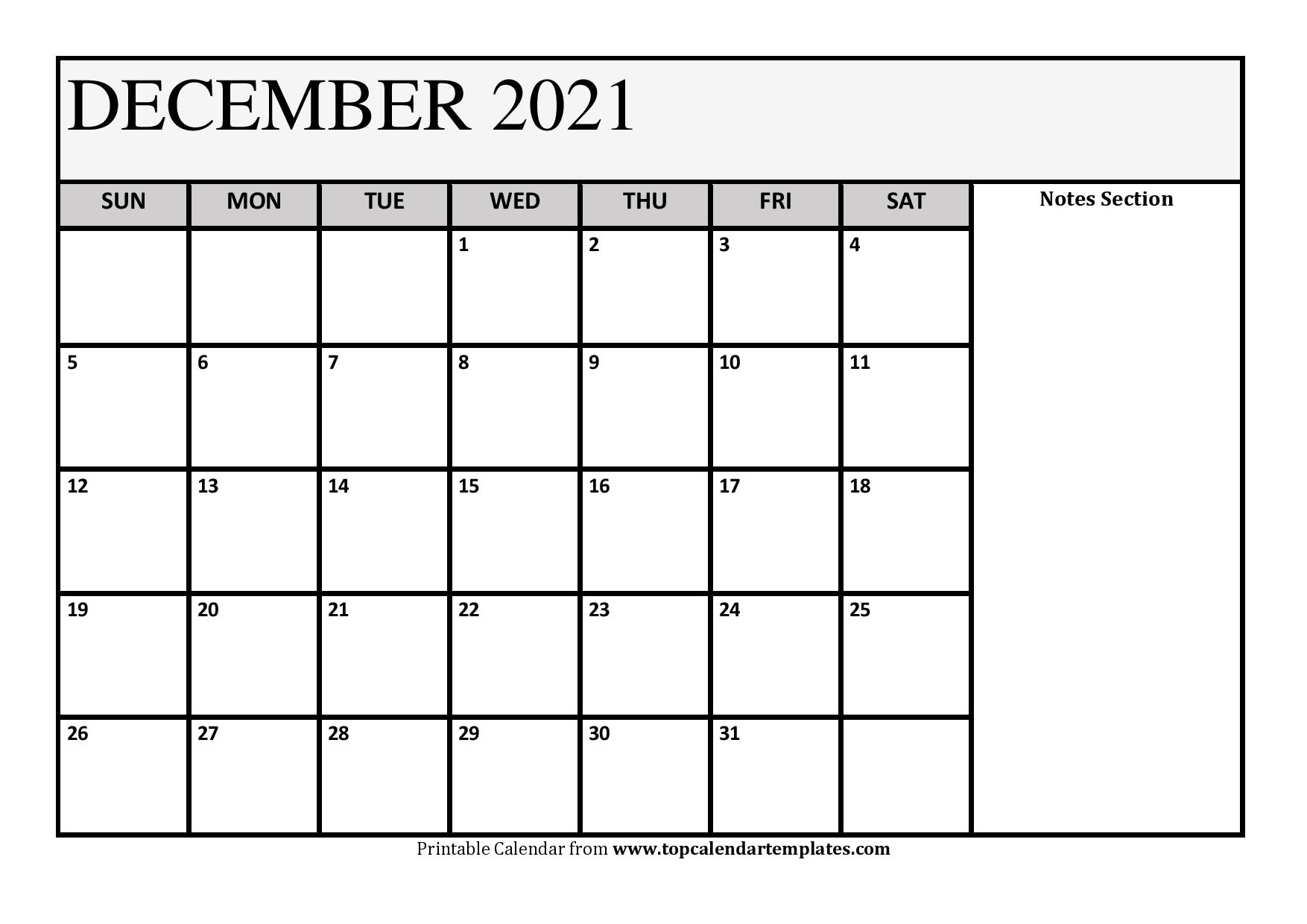 December 2021 Printable Calendar - Monthly Templates