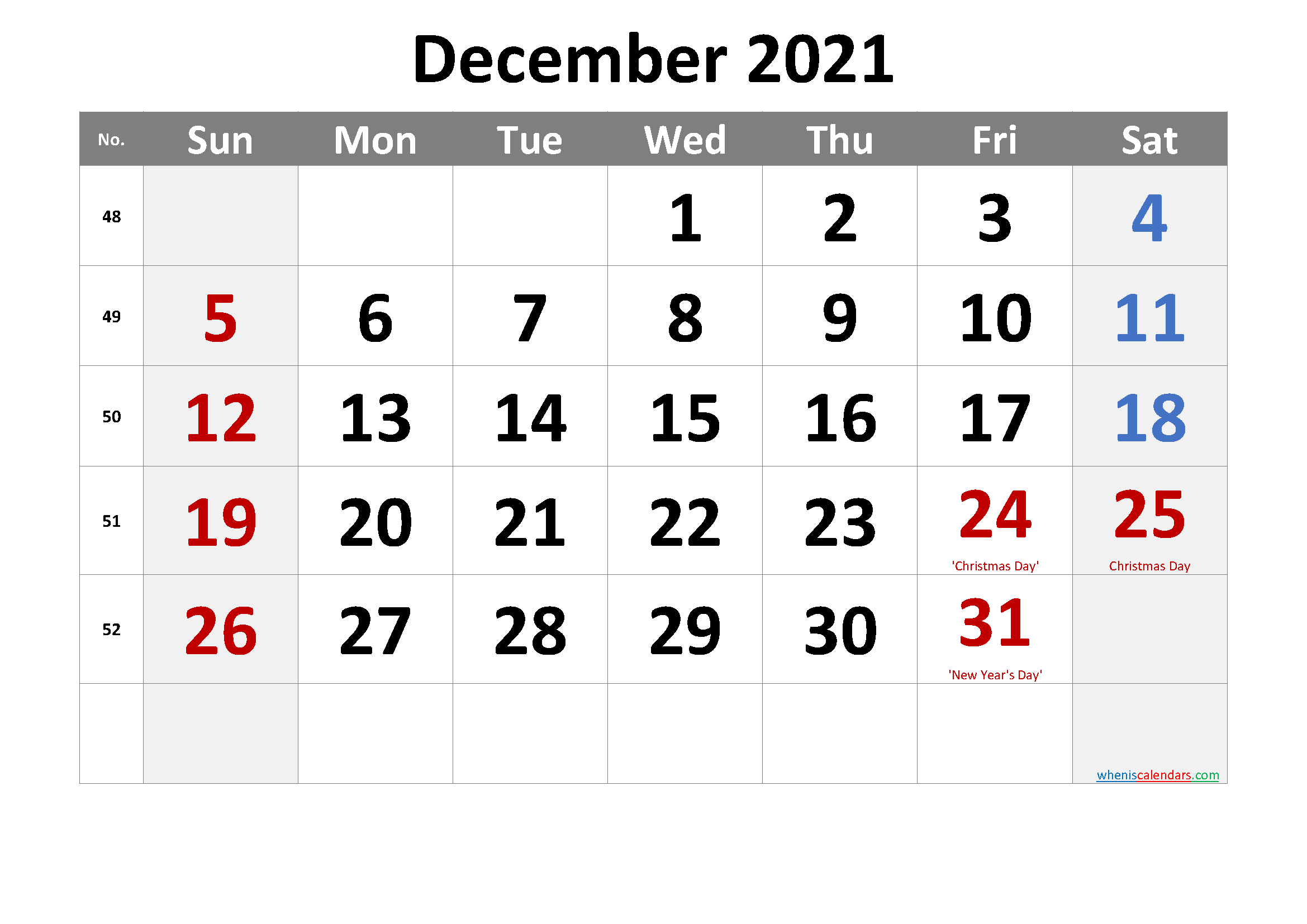 December 2021 Printable Calendar With Holidays - 6 Templates