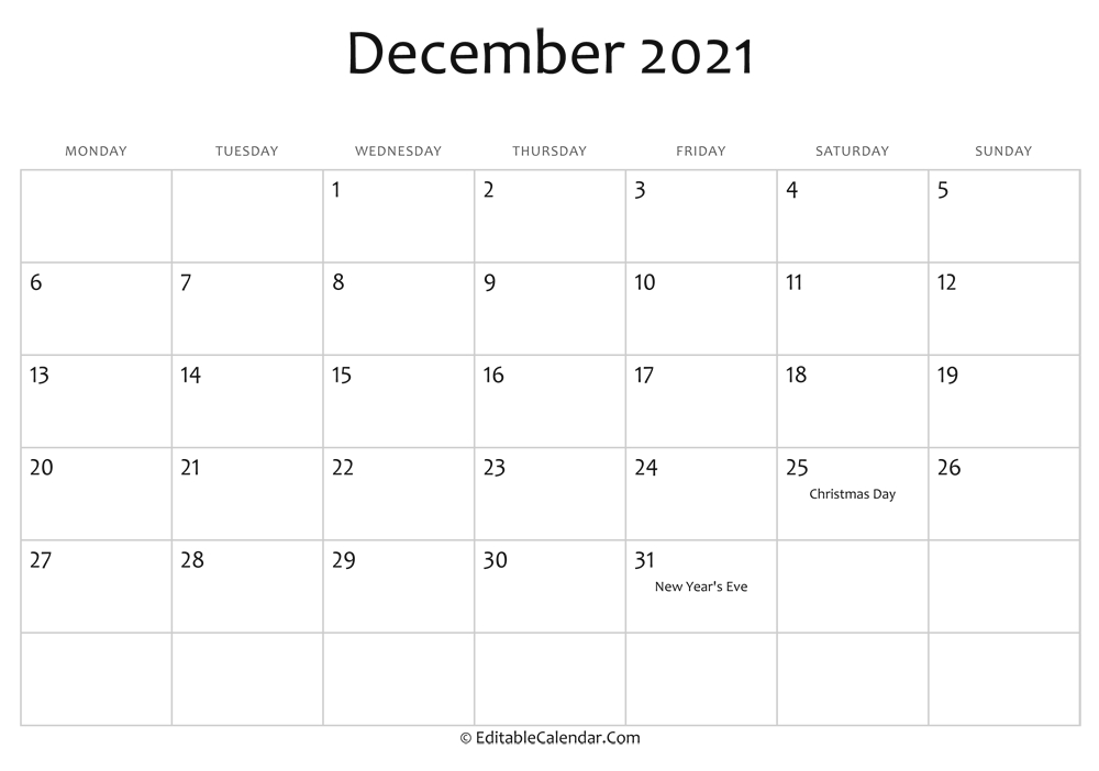December 2021 Printable Calendar With Holidays