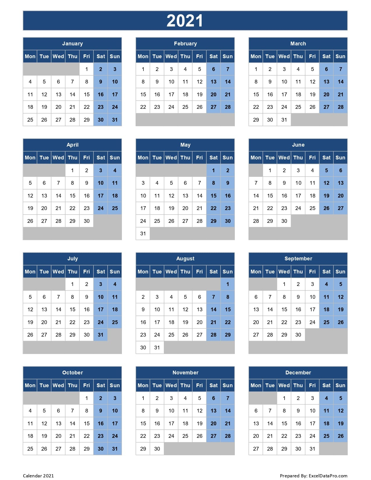 Download 2021 Yearly Calendar (Mon Start) Excel Template - Exceldatapro