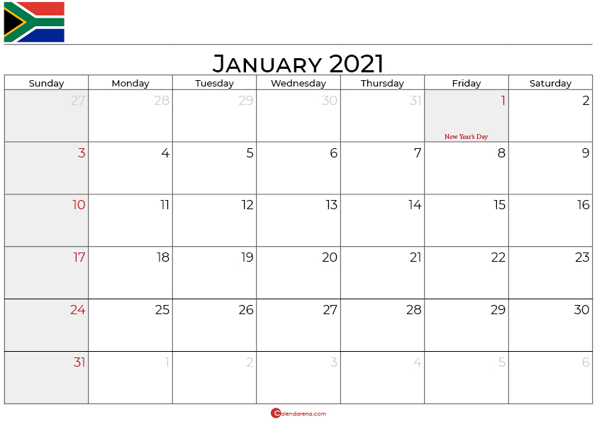Download Free ?? January 2021 Calendar South Africa