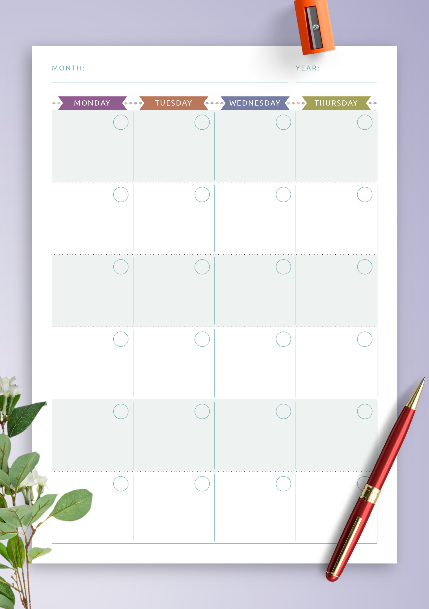 Download Printable Monthly Calendar Planner Undated - Casual Style Pdf