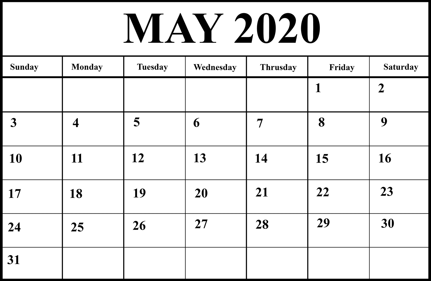 Editable May 2020 Calendar To Print Pdf Word Blank Blank