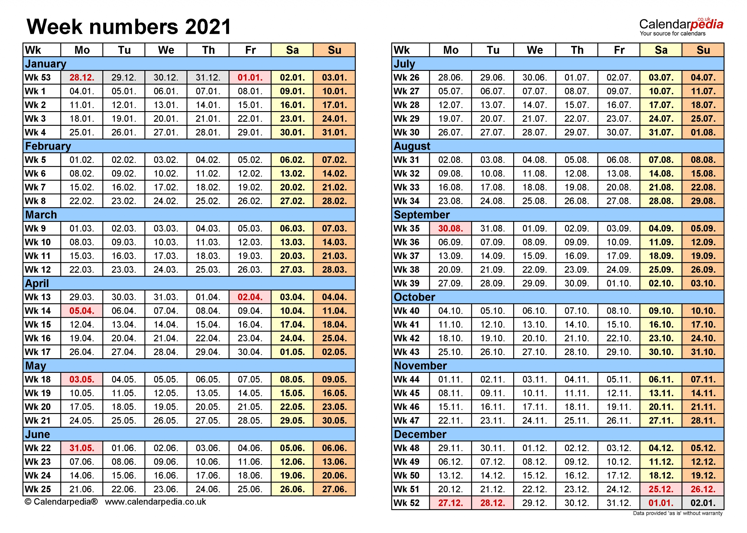 Excel Calendar 2021 With Week Numbers - Calendar