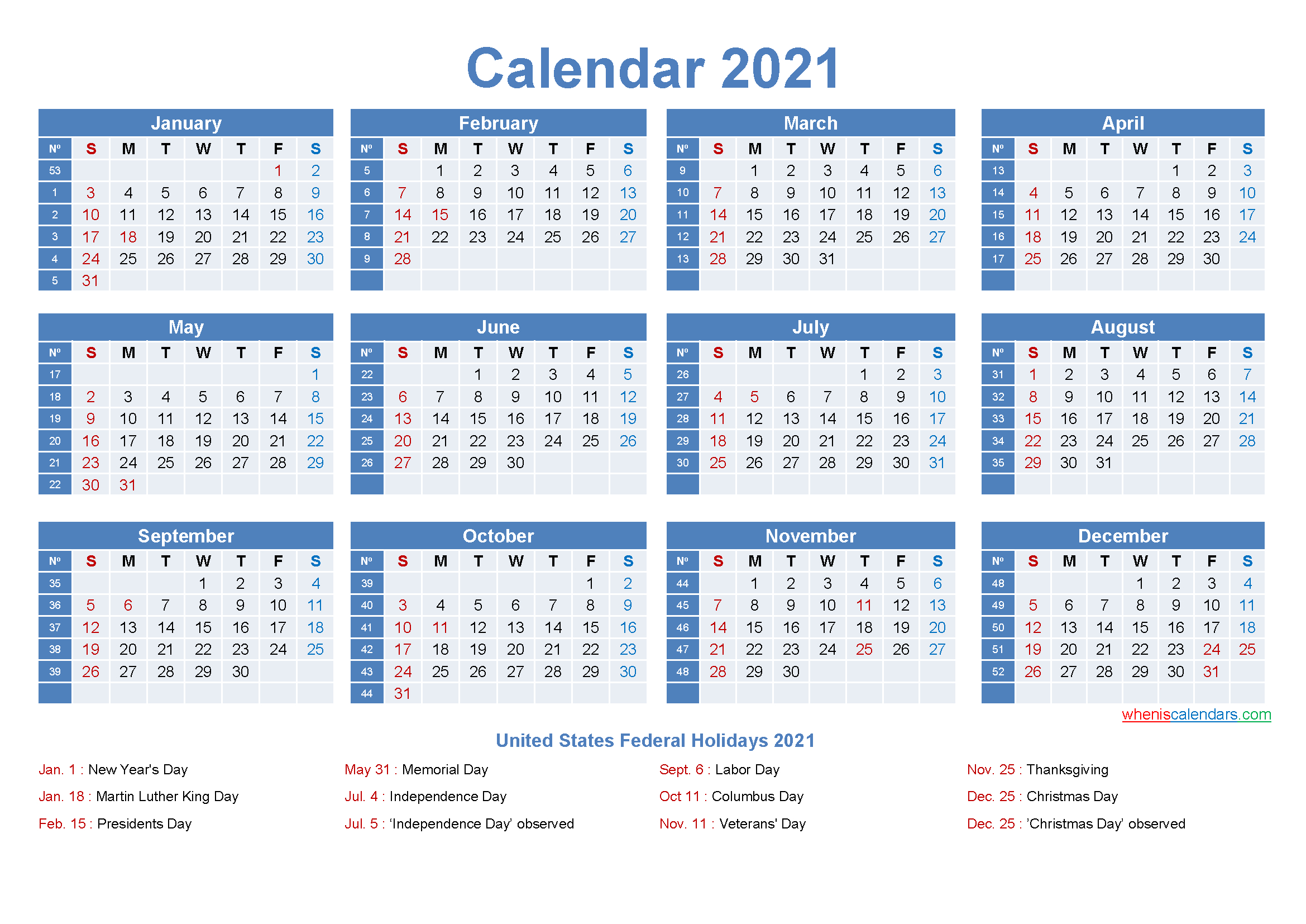 Free 2021 Printable Calendar With Holidays