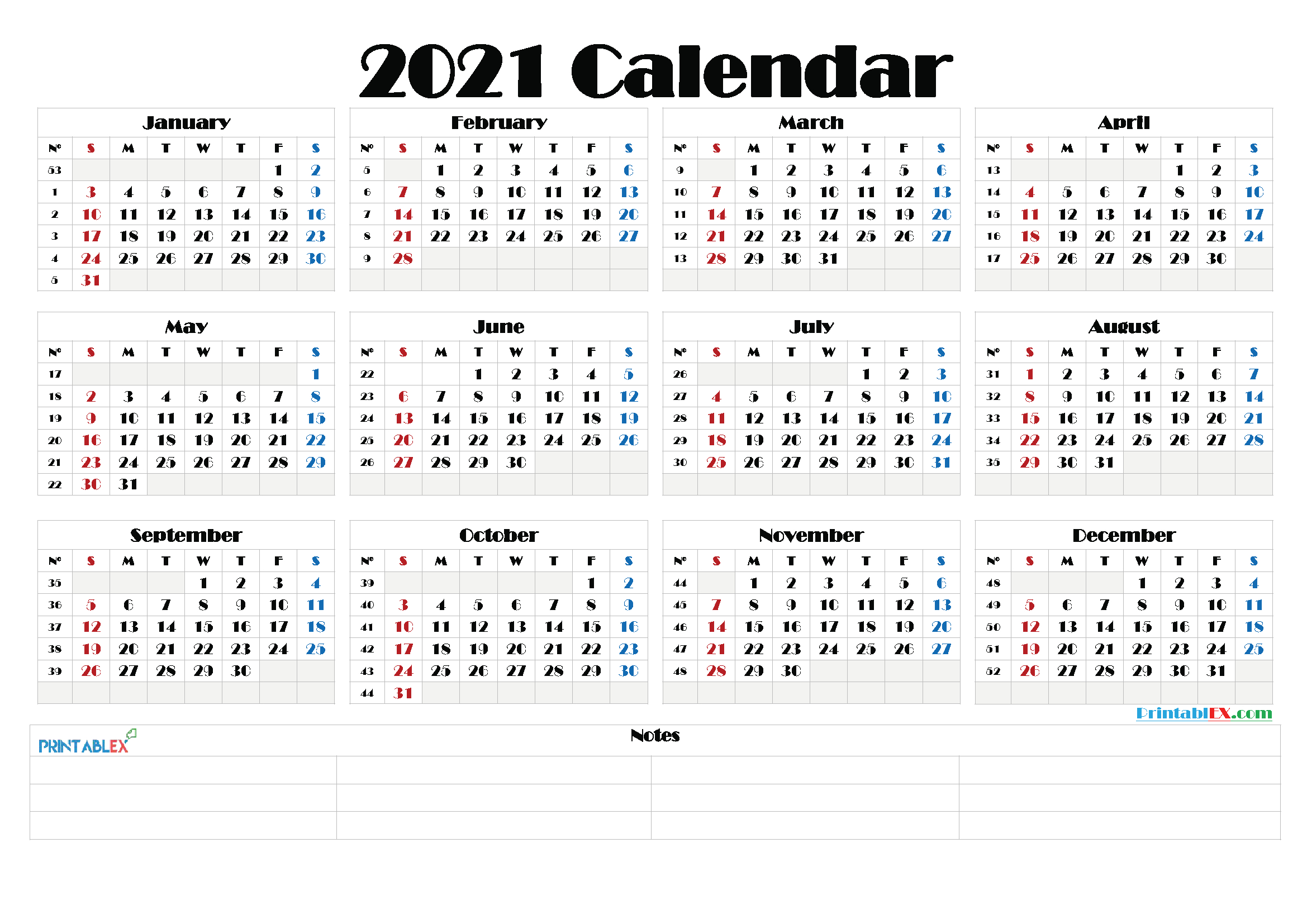 Free 2021 Yearly Calender Template - 2021 Printable Yearly