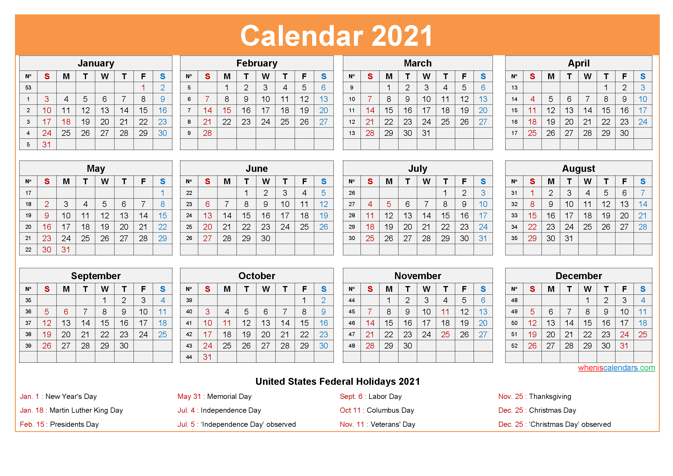 Free Printable 2021 Calendar With Holidays As Word, Pdf
