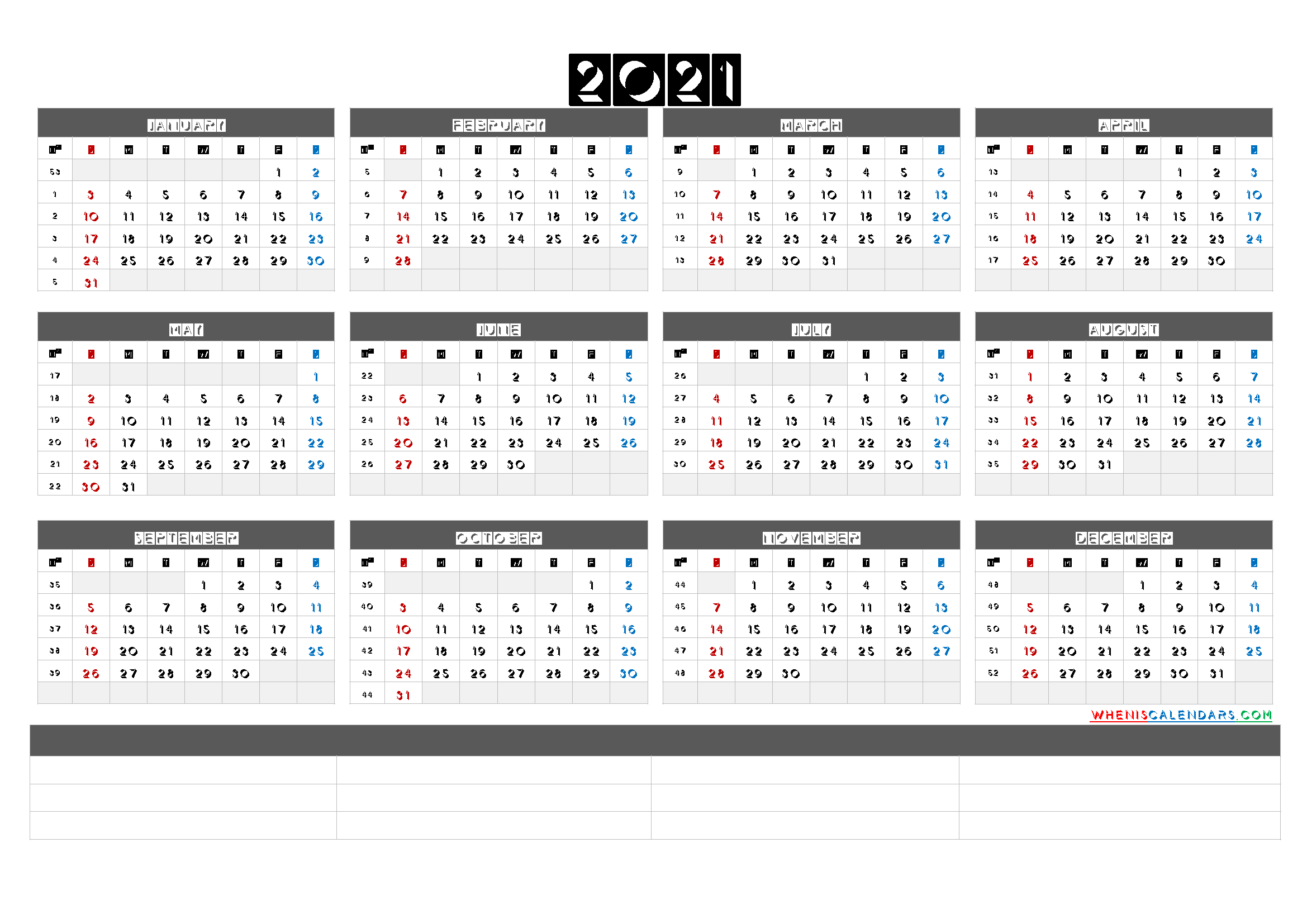 Free Printable 2021 Yearly Calendar With Week Numbers (6