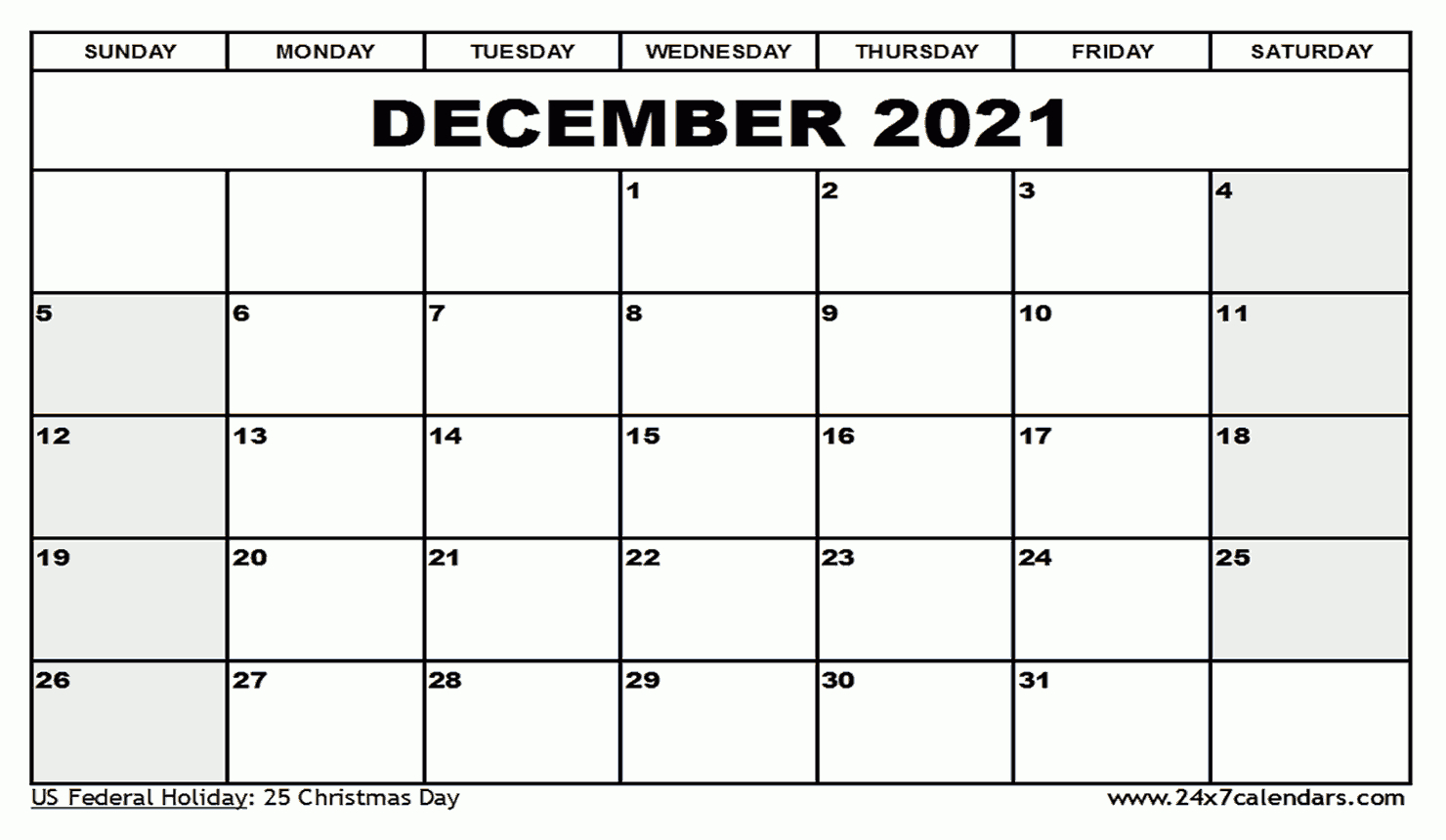 Free Printable December 2021 Calendar : 24X7Calendars
