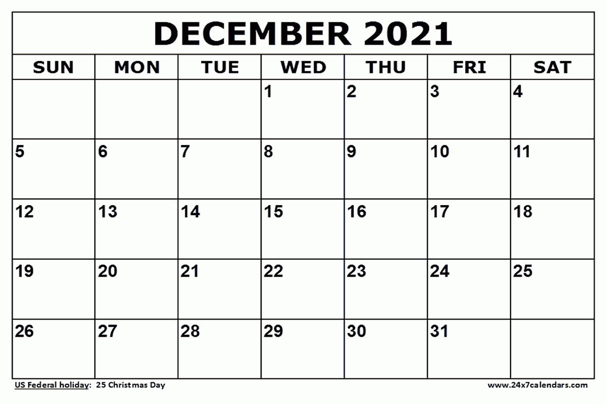 Free Printable December 2021 Calendar : 24X7Calendars