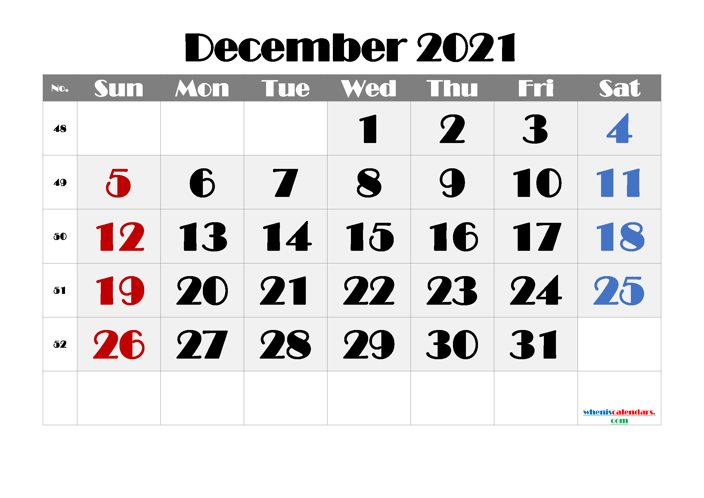 Free Printable December 2021 Calendar