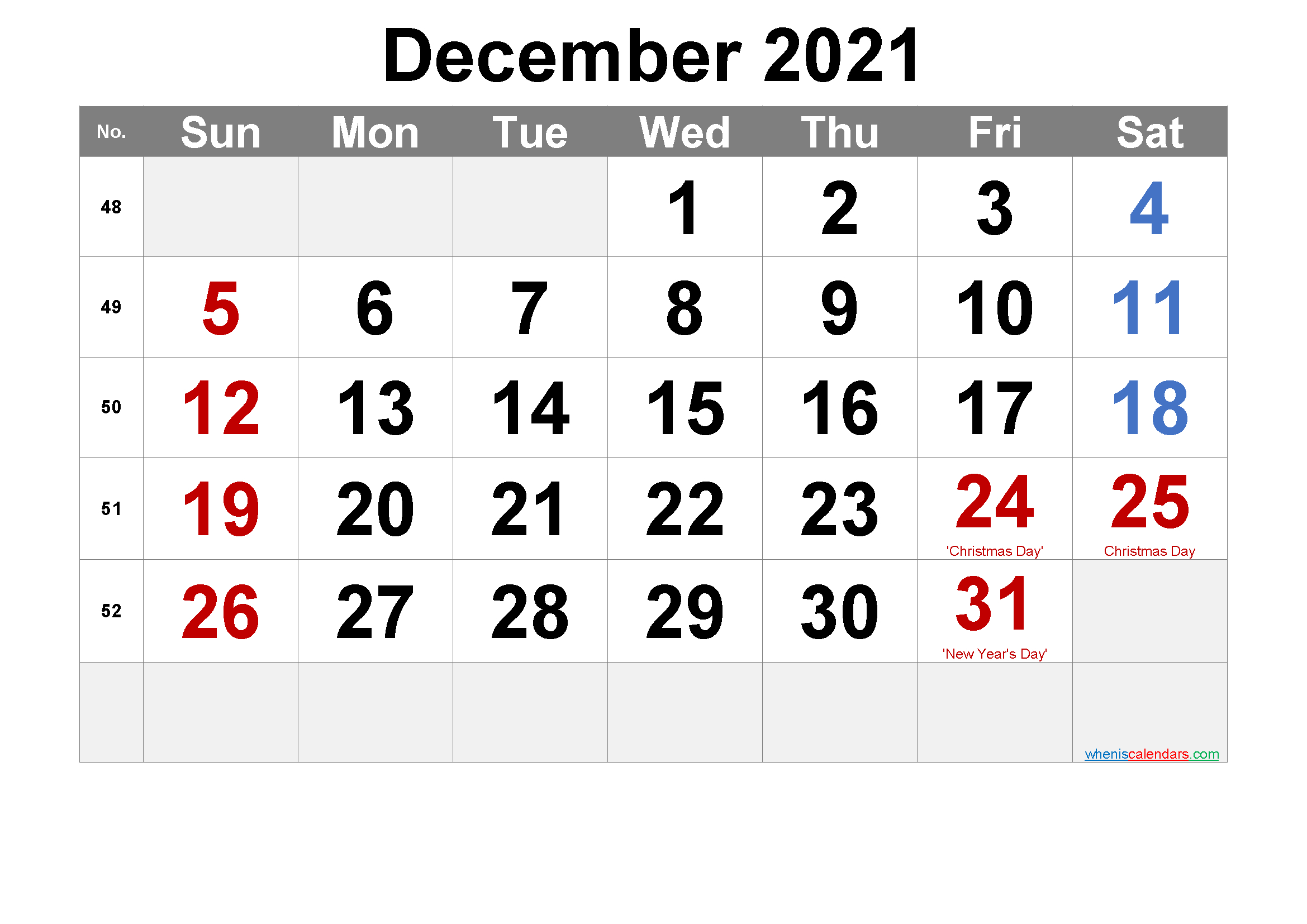 Free Printable December 2021 Calendar (Pdf And Png)