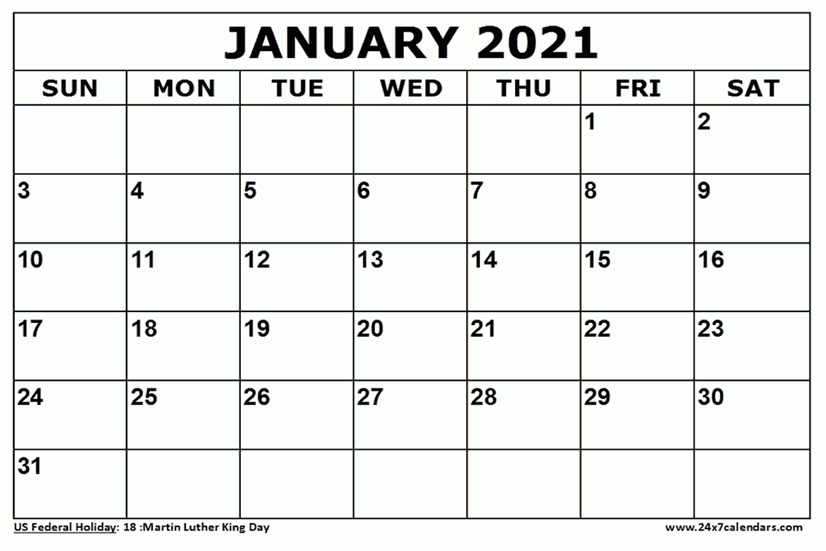 Free Printable January 2021 Calendar : 24X7Calendars