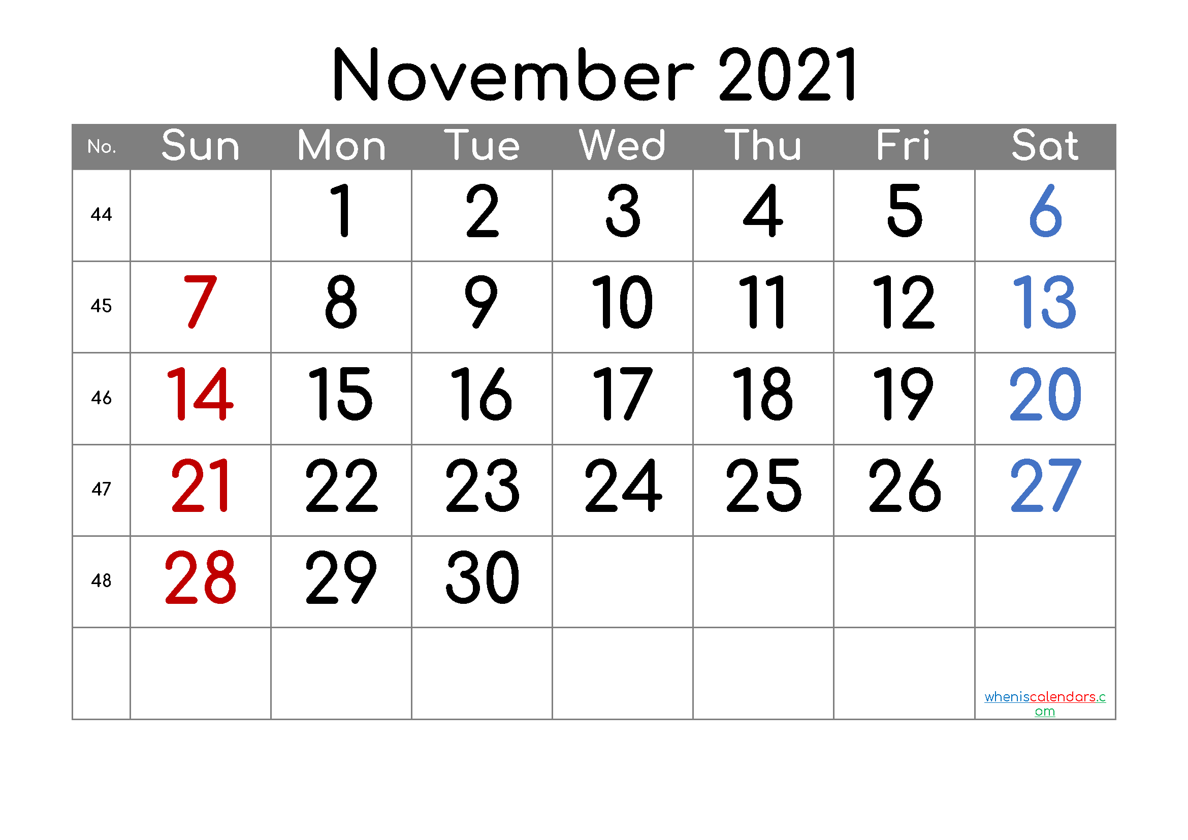 Free Printable November 2021 Calendar