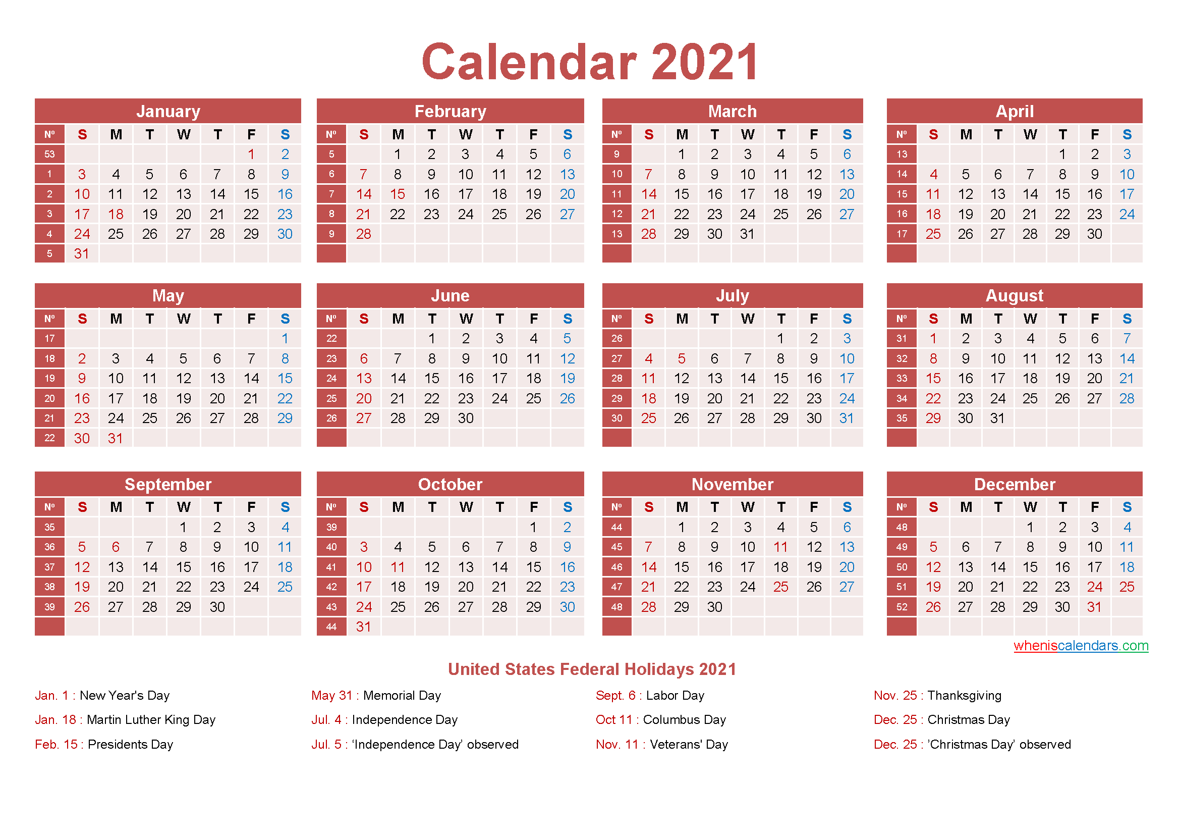 Free Yearly 2021 Calendar With Holidays Word, Pdf - Free