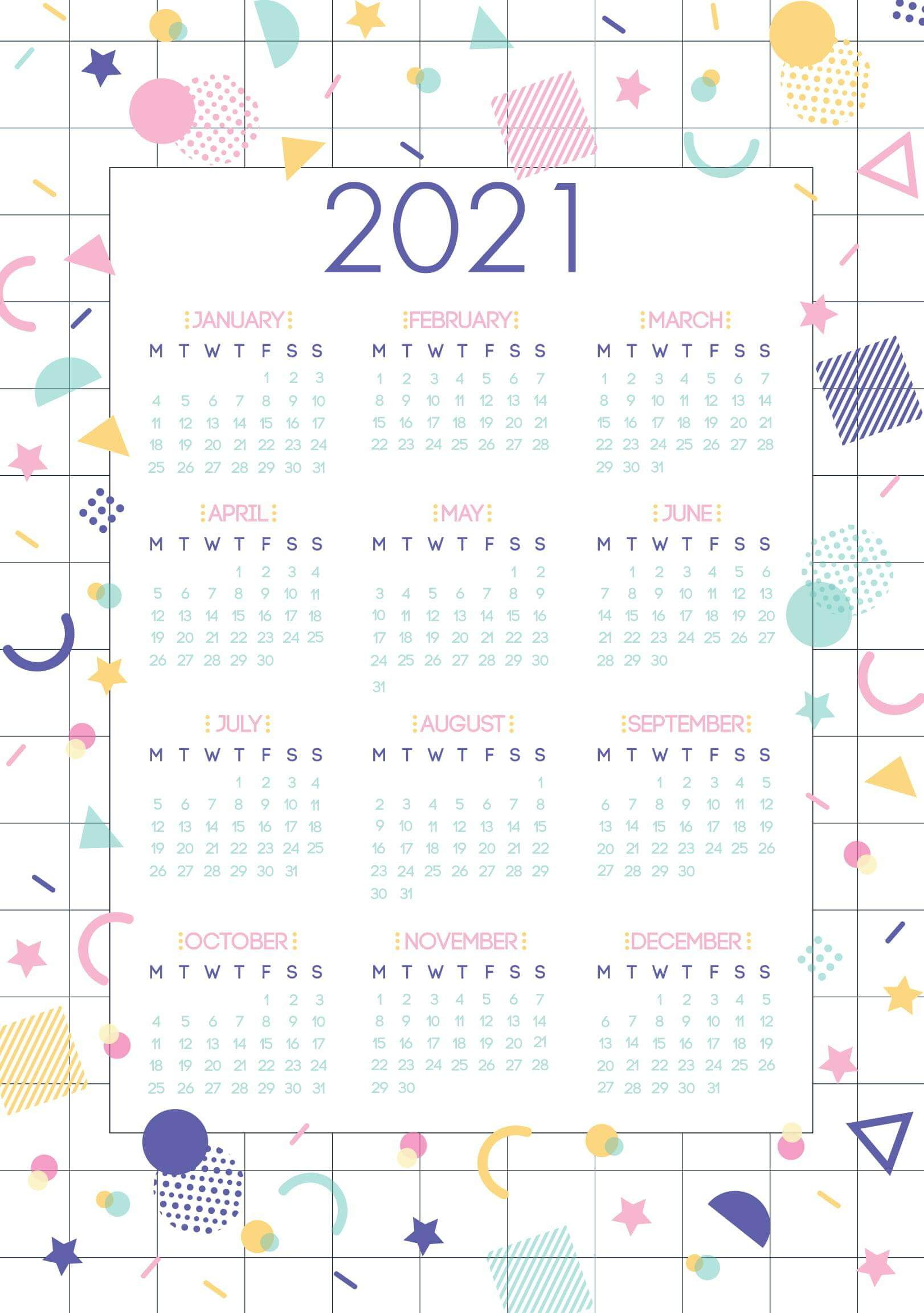 Free Yearly Calendar With Notes 2021 Template - One