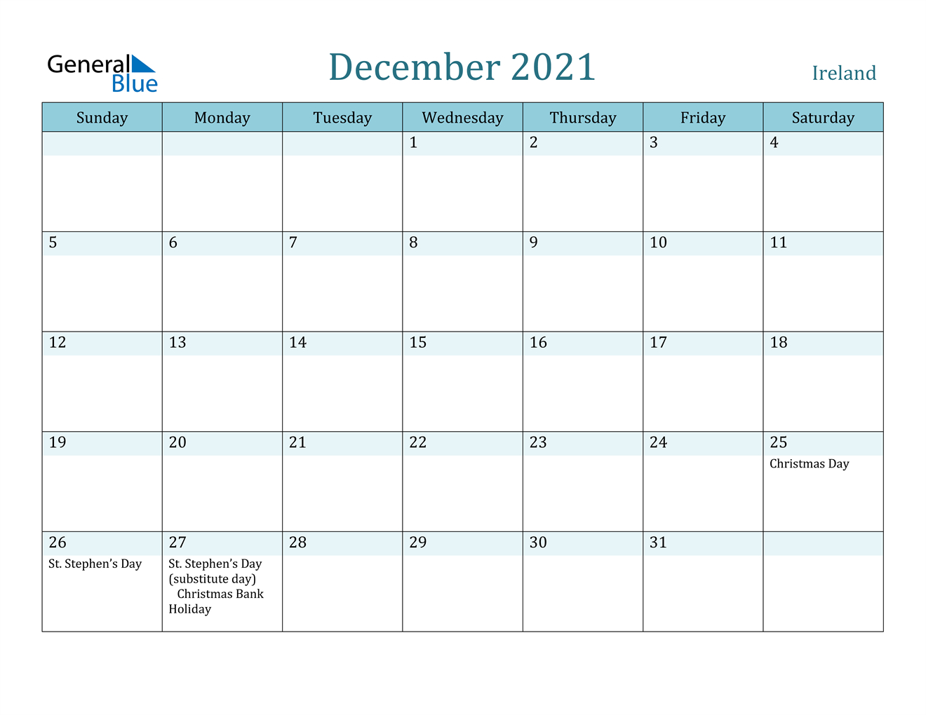 Ireland December 2021 Calendar With Holidays