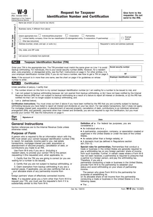 Irs W9 Form Fillable Fillable Form W 9 Request For