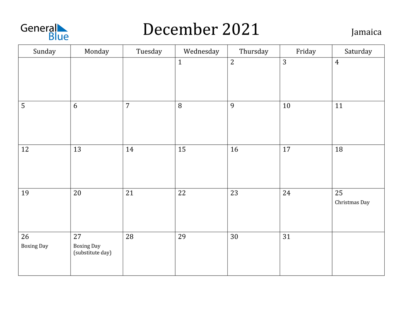 Jamaica December 2021 Calendar With Holidays