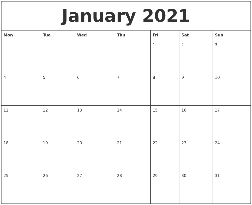 Calendar 2021 Monday To Sunday