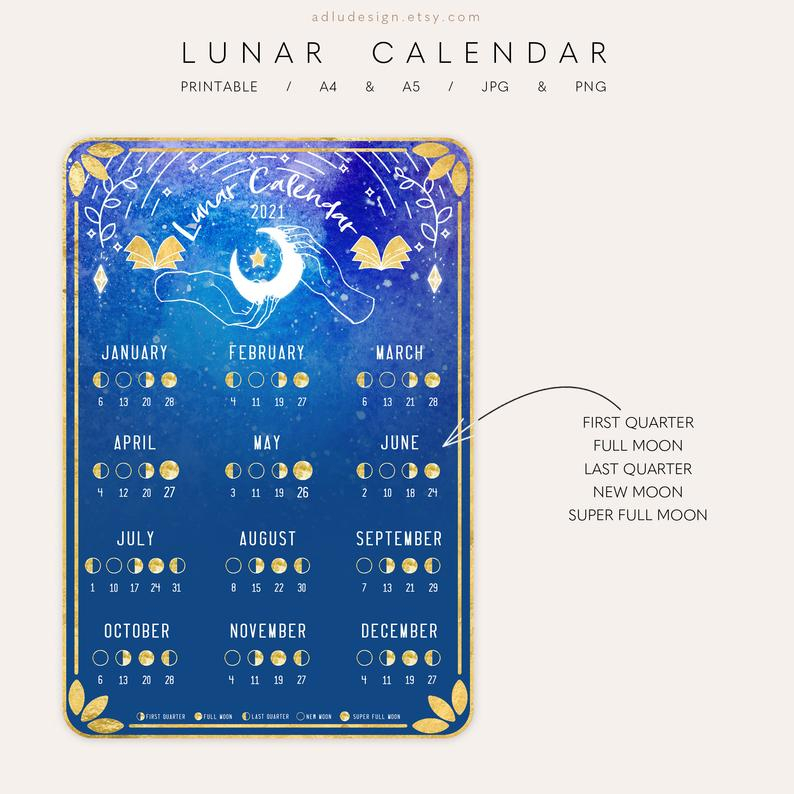 Lunar Calendar 2021 Printable Moon Phases And Cycles | Etsy