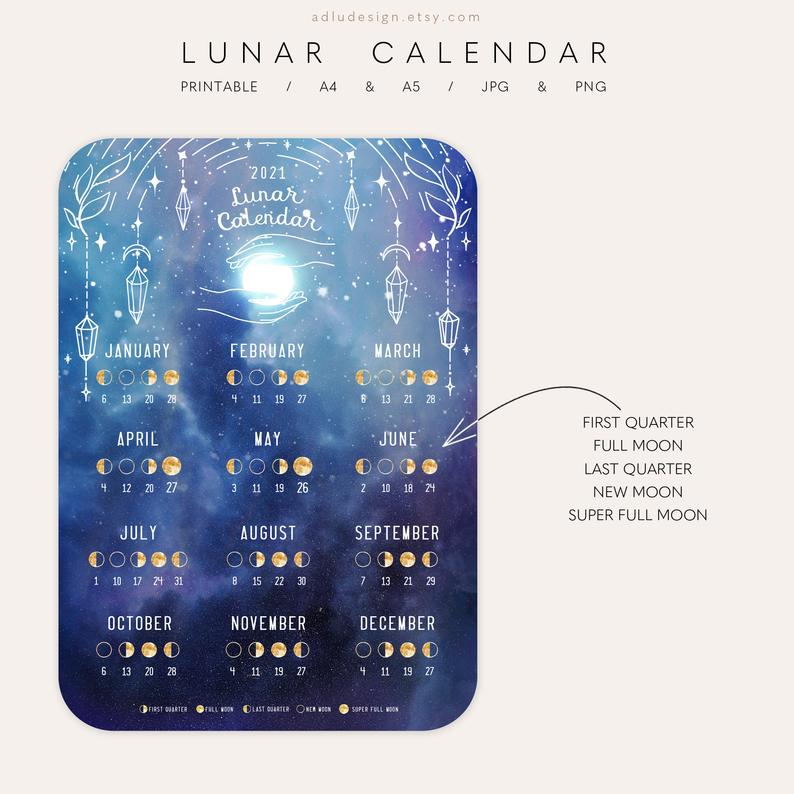 Lunar Calendar 2021 Printable Moon Phases And Cycles | Etsy