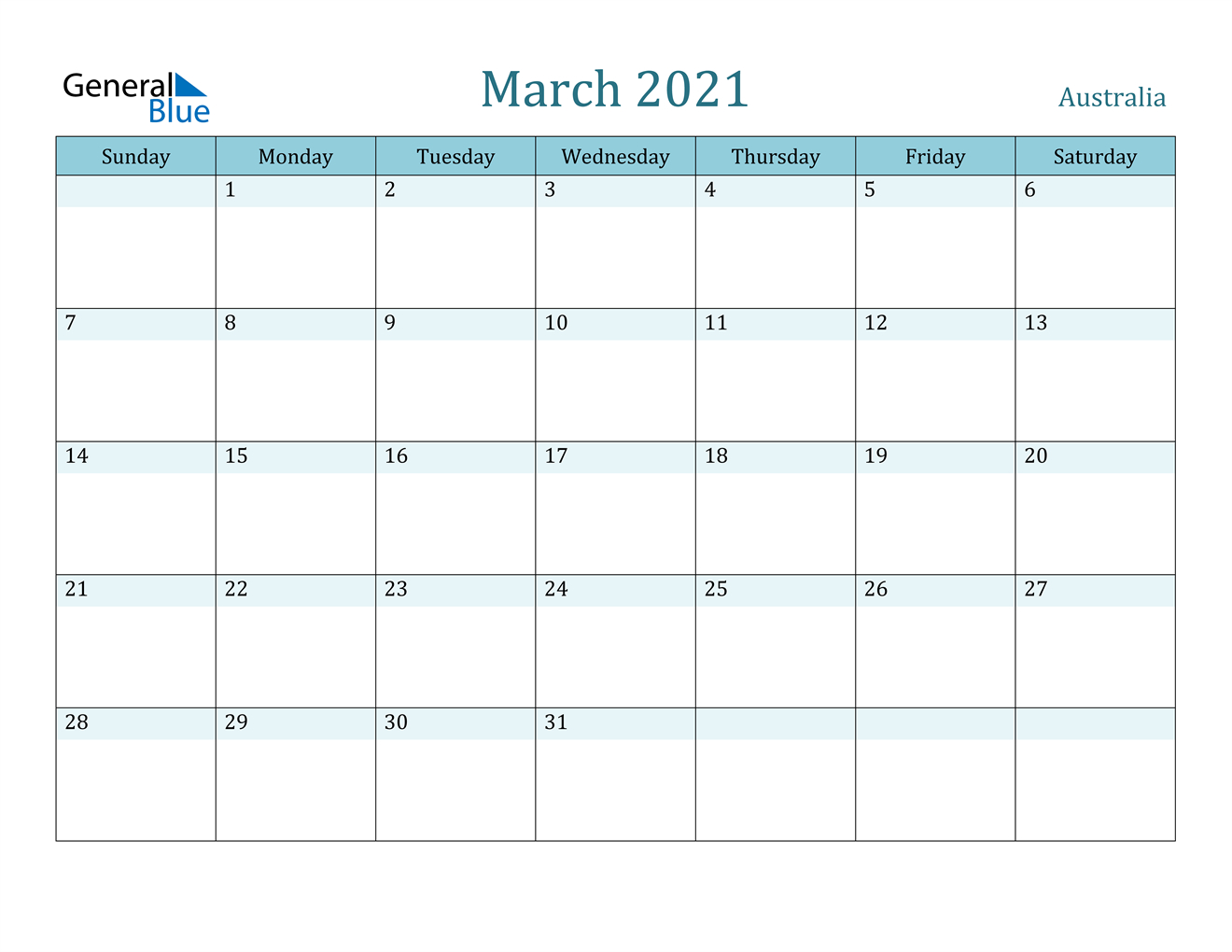 March 2021 Calendar - Australia
