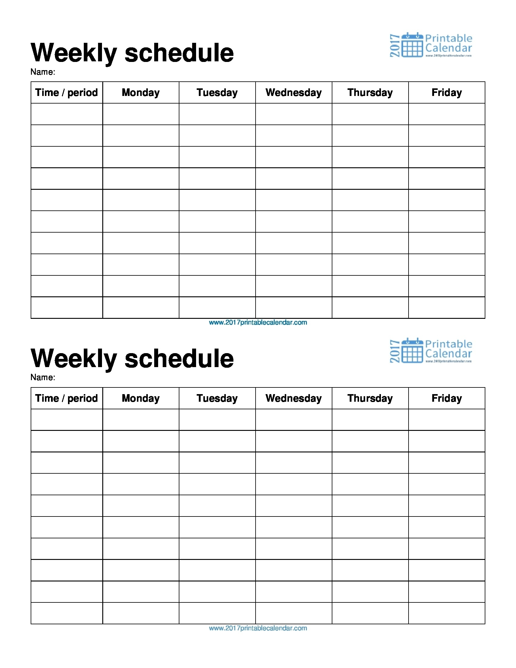 Monday To Friday Weekly Calendar | Ten Free Printable