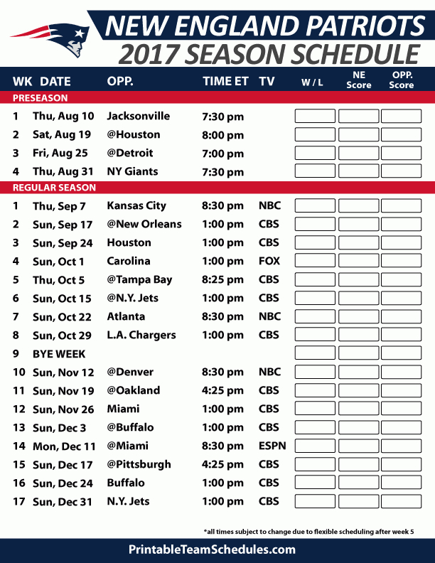 Printable New England Patriots Schedule Printable World Holiday