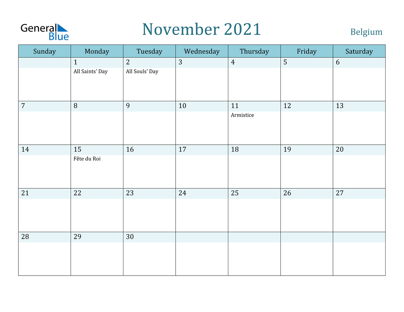 November 2021 Calendar - Belgium
