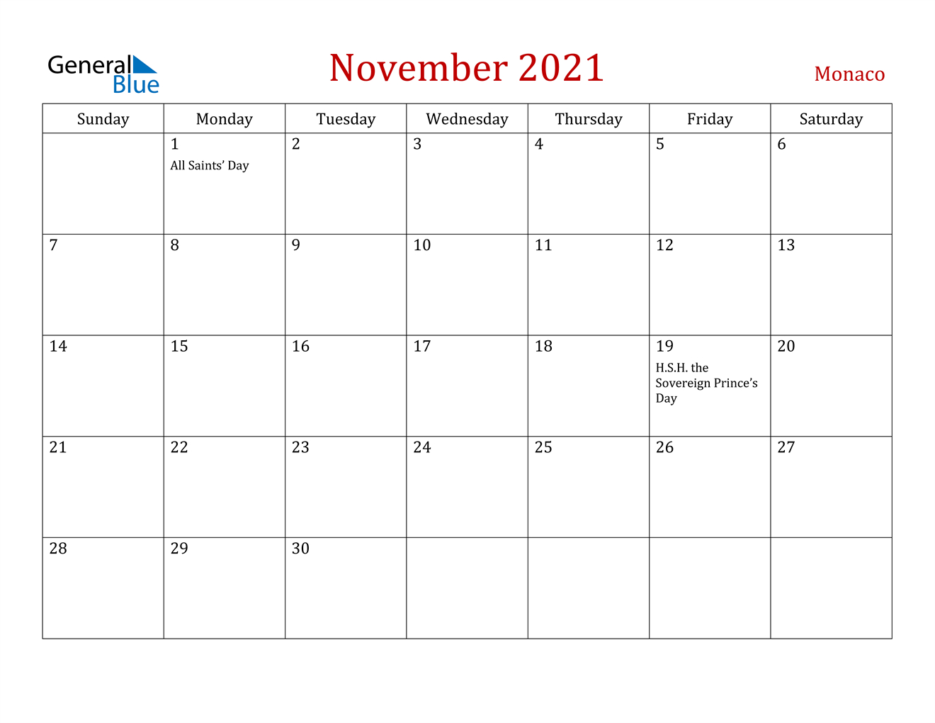November 2021 Calendar - Monaco
