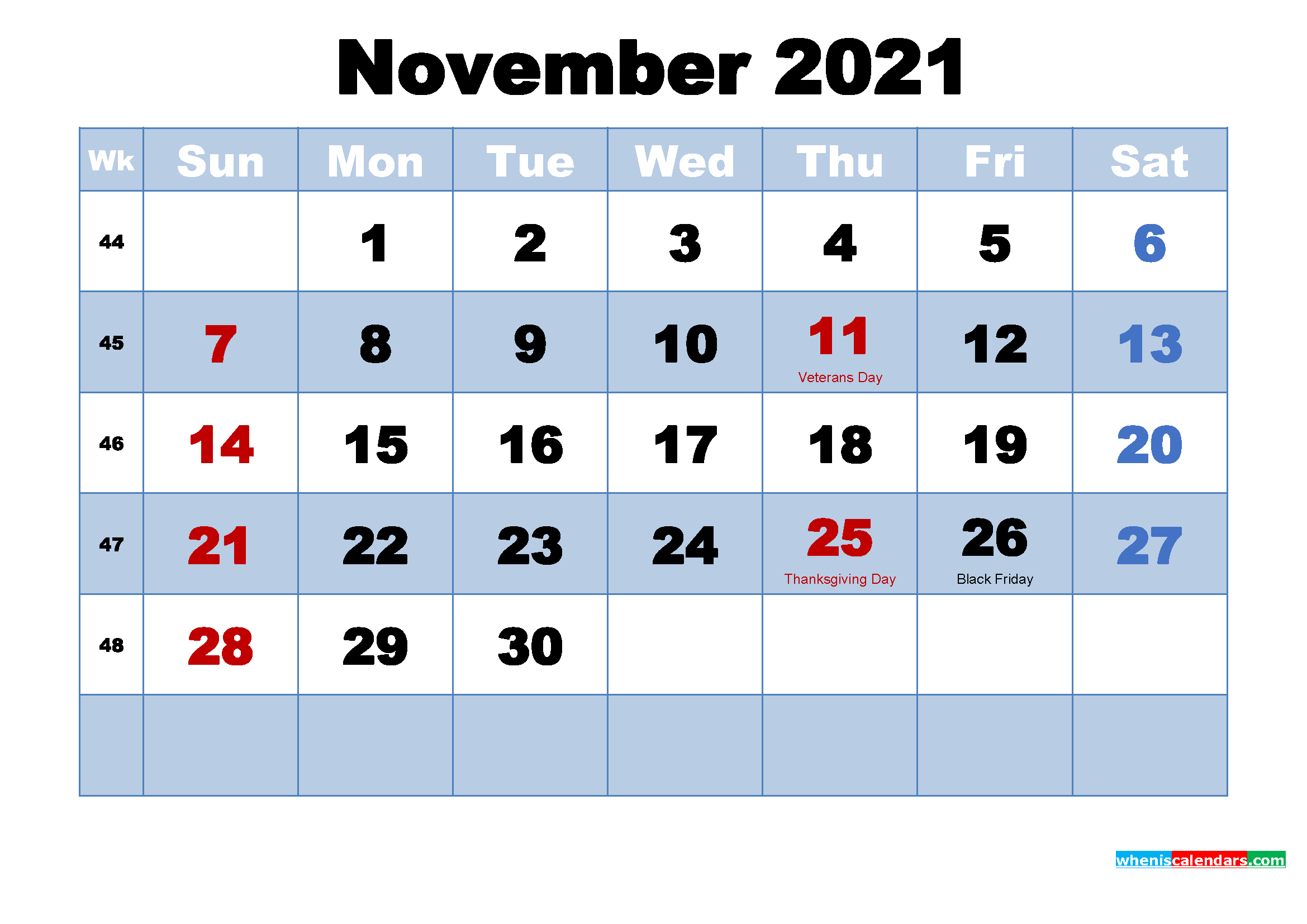 November 2021 Calendar With Holidays Printable - Free