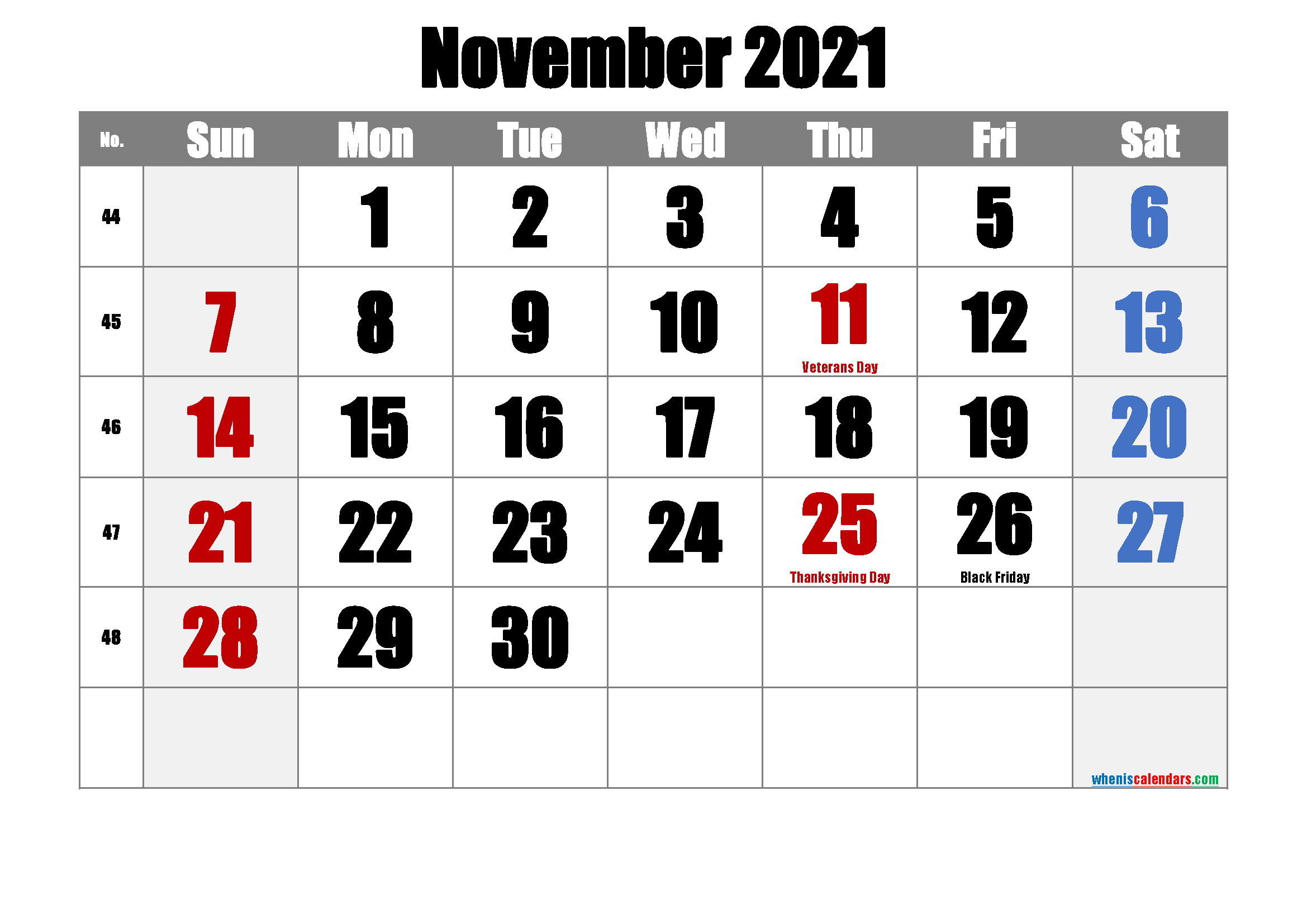 November 2021 Printable Calendar With Holidays