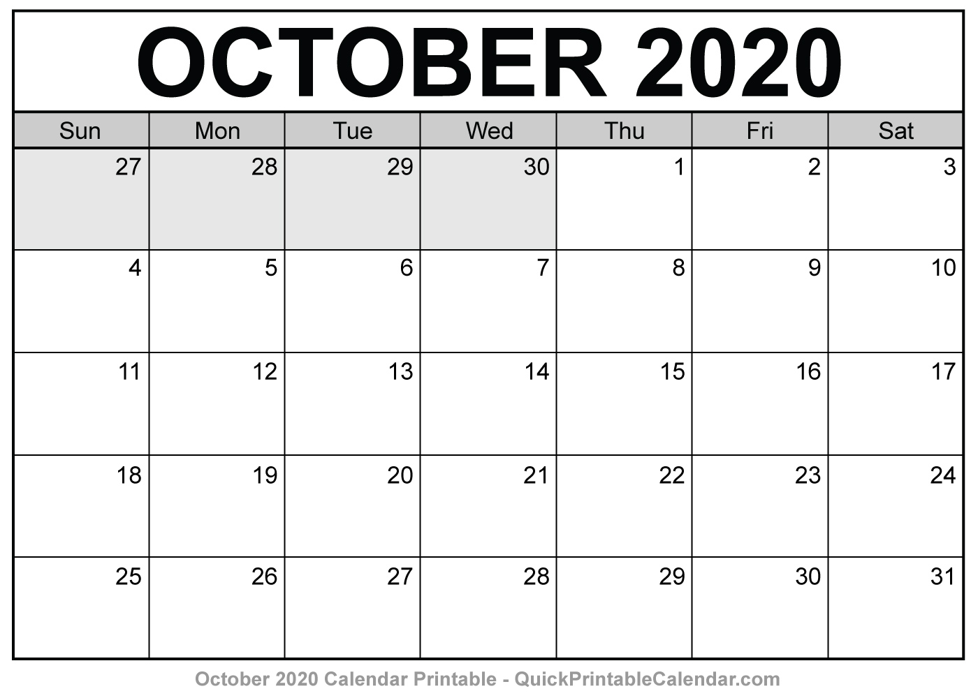 October 2020 Calendar Printable