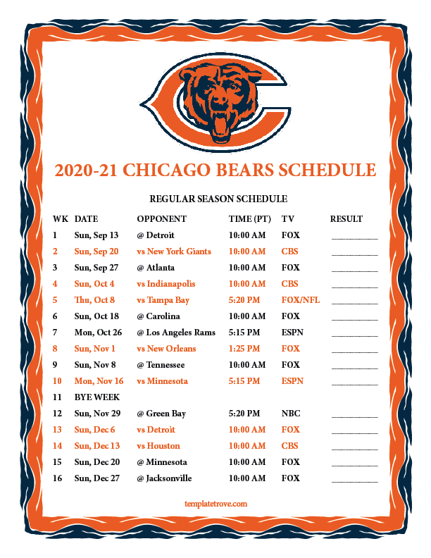 Printable 2020-2021 Chicago Bears Schedule