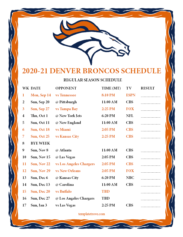 Printable 2020-2021 Denver Broncos Schedule