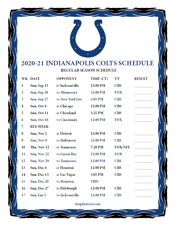 Printable 2020-2021 Indianapolis Colts Schedule