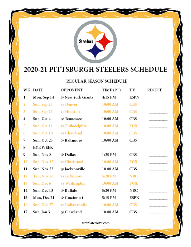 Printable 2020-2021 Pittsburgh Steelers Schedule