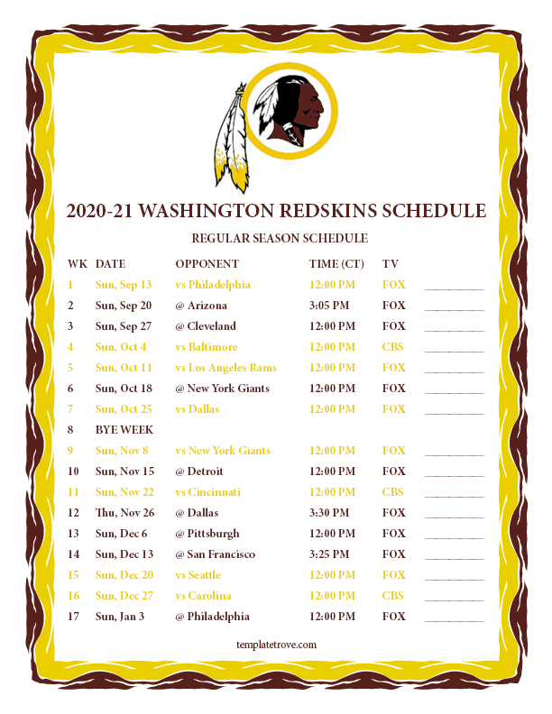 Printable 2020-2021 Washington Redskins Schedule