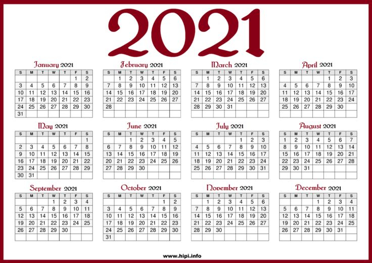 Printable 2021 Calendar With Us Holidays - Red Color