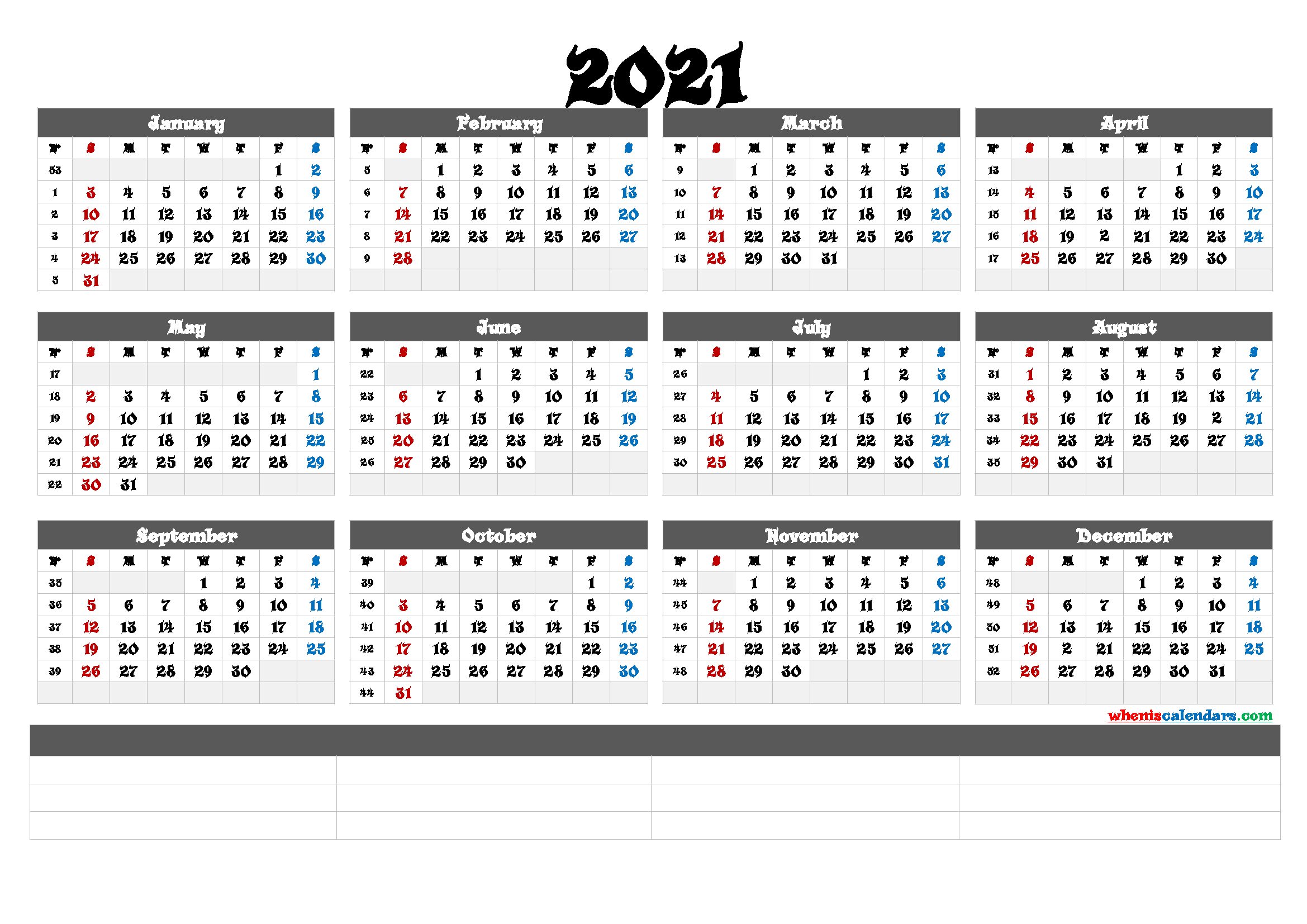 Printable 2021 Yearly Calendar With Week Numbers (6