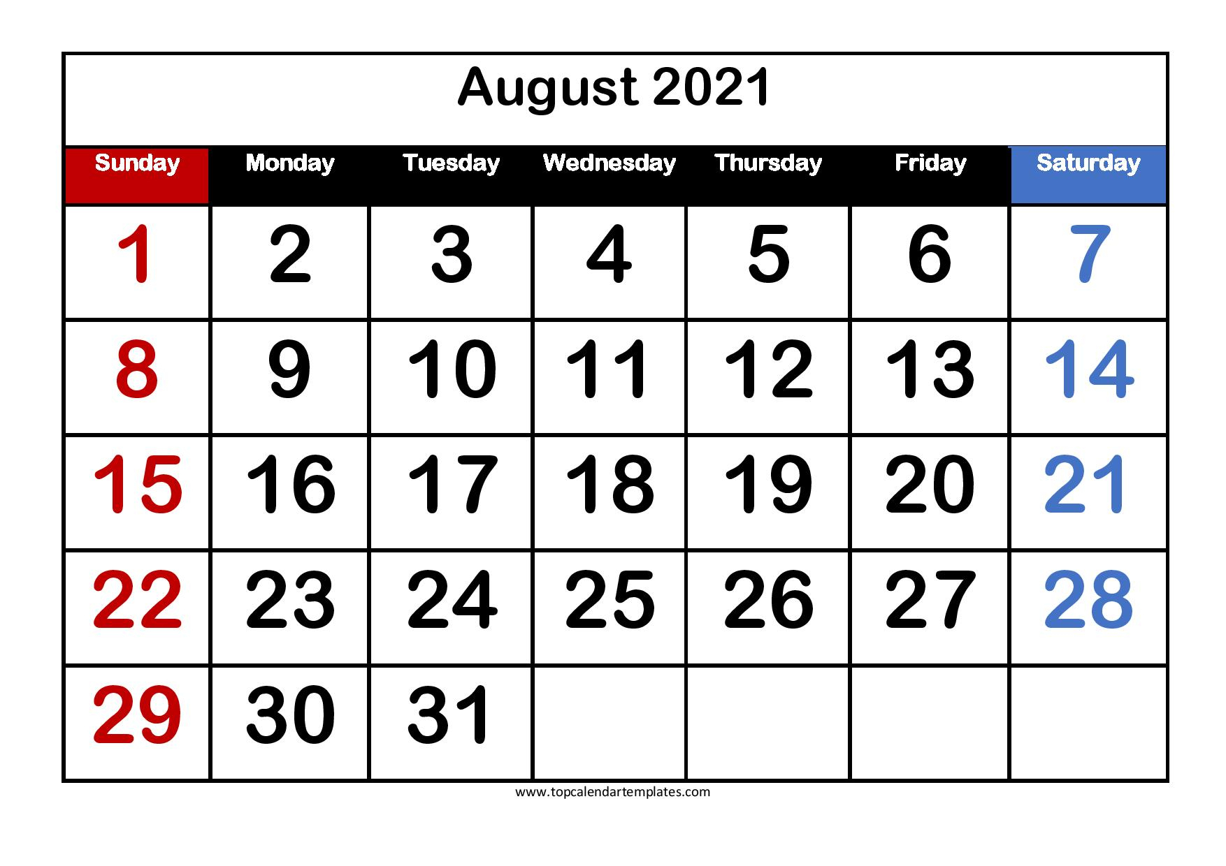 Printable August 2021 Calendar Template - Pdf, Word, Excel