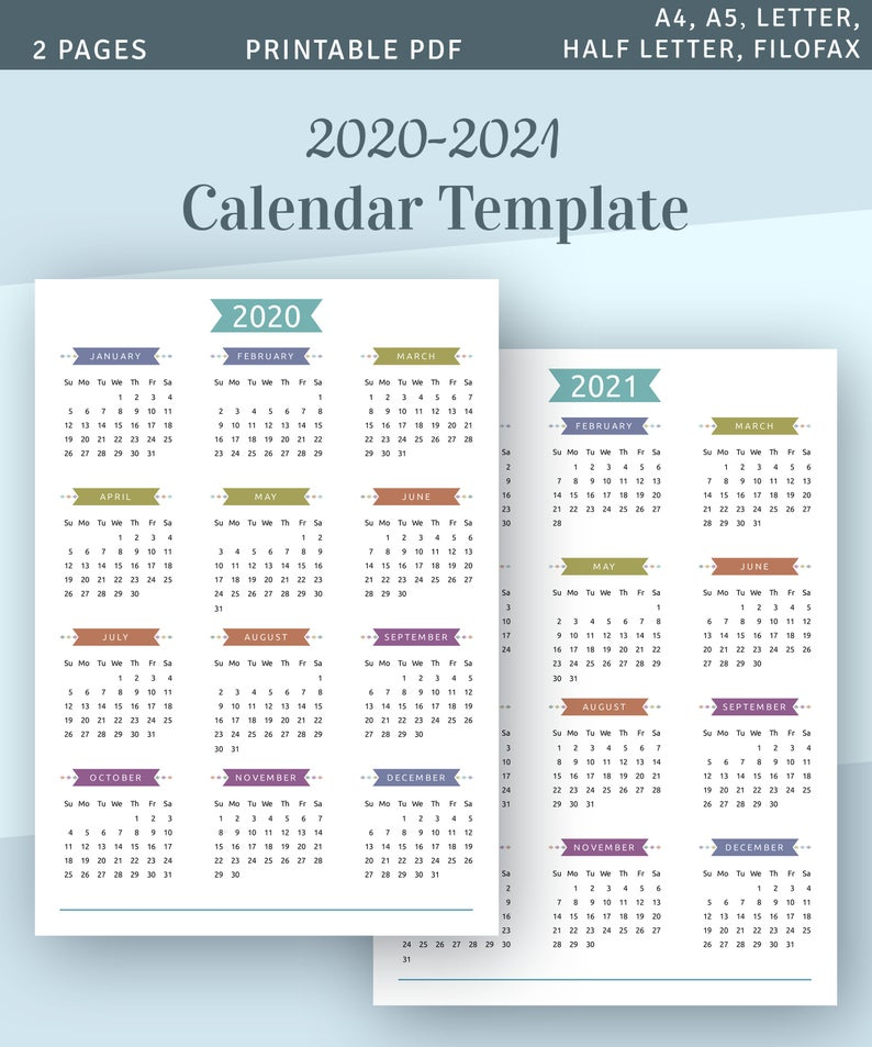 Printable Calendar 2020 2021 Year At A Glance Yearly | Etsy