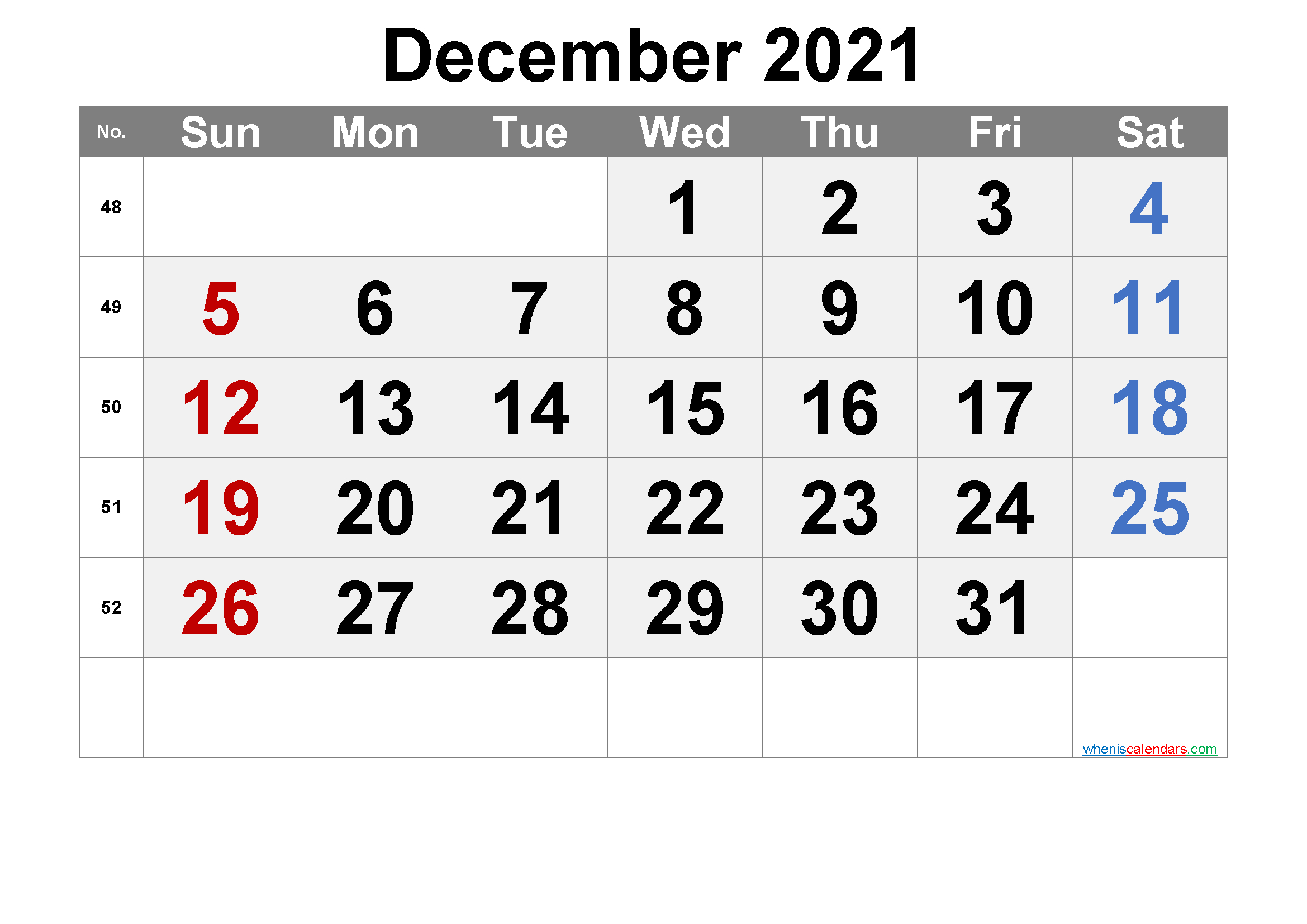 Printable Calendar December 2021 - 6 Templates
